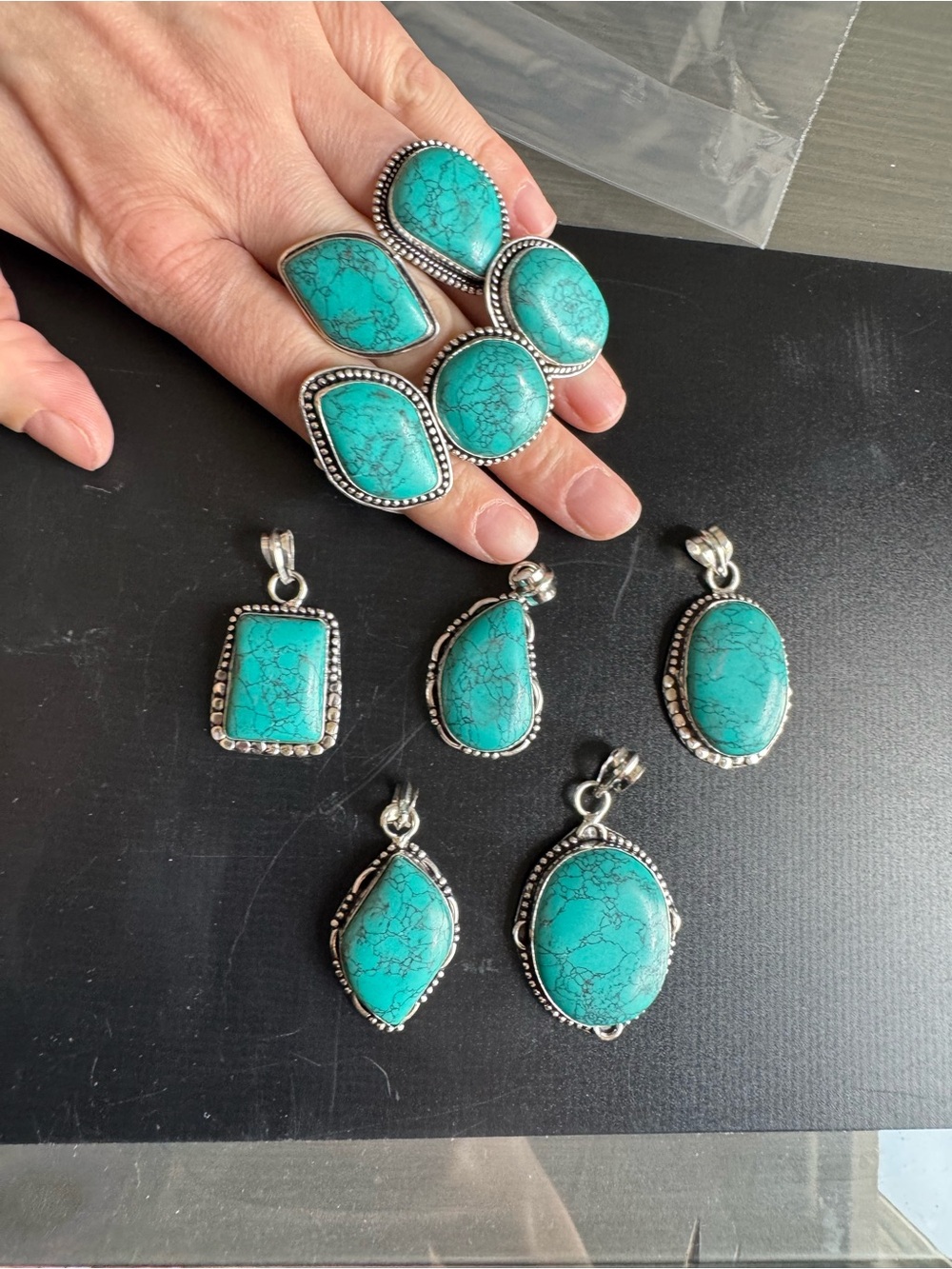 Reseller Bundle. 5- .925 stamped rings, 5-.925 turquoise colored pendants